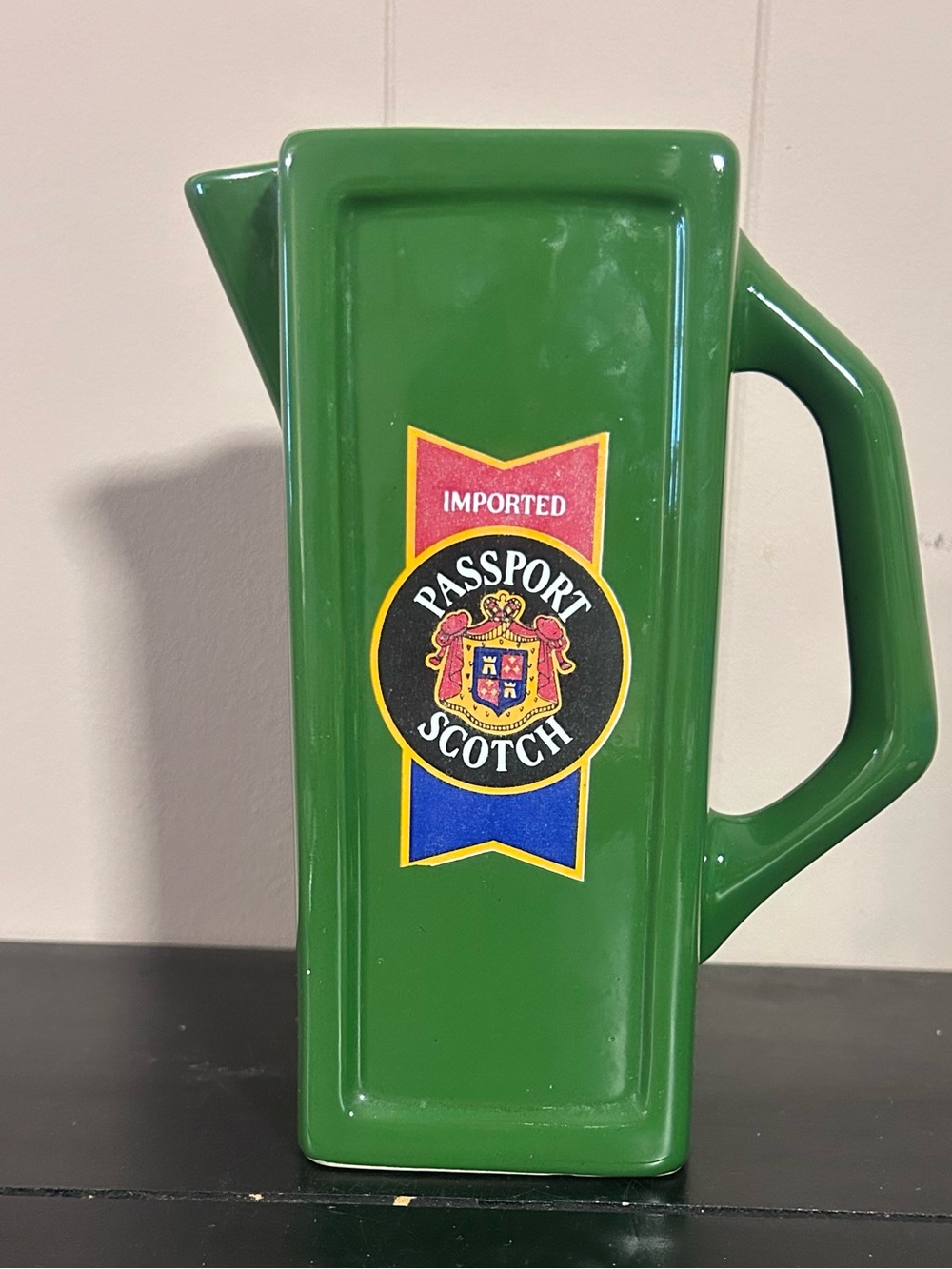 Passport Green Ceramic Pitcher with Multicolor Label
